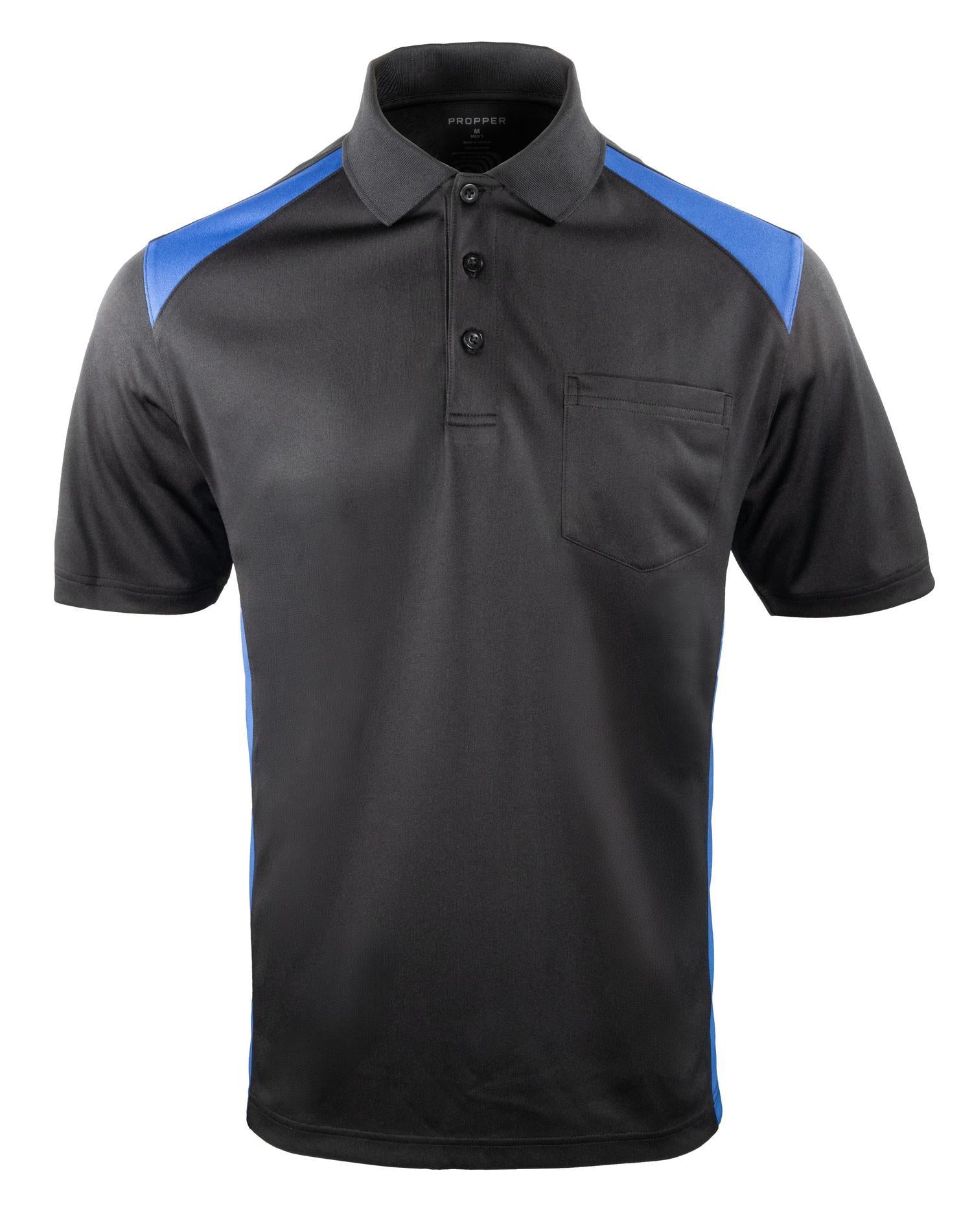 Propper Men's Midweight Short Sleeve Color Block Pocket Polo - Black and Cobalt Blue